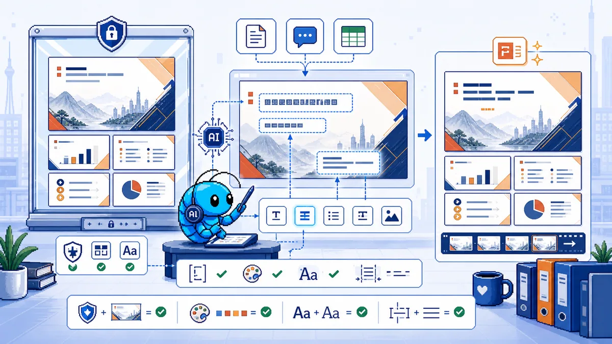 蓝色像素虾在受保护的 PPT 模板里填入文字槽位