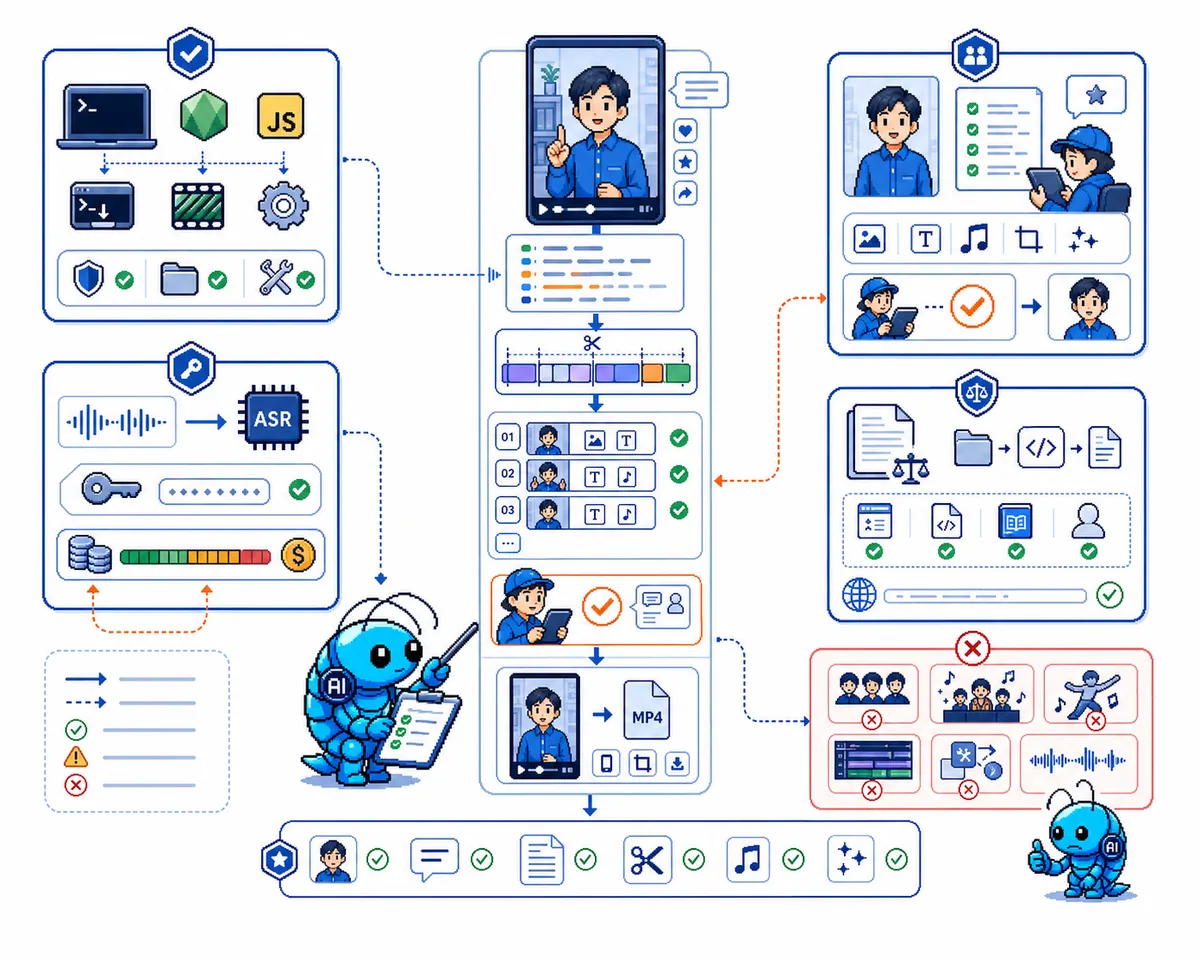 口播视频剪辑 skill 的环境、成本、版权和适用边界图