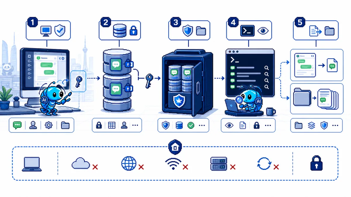 wechat-local-vault 从 key、解密库到只读 CLI 和摘要素材包的流程图