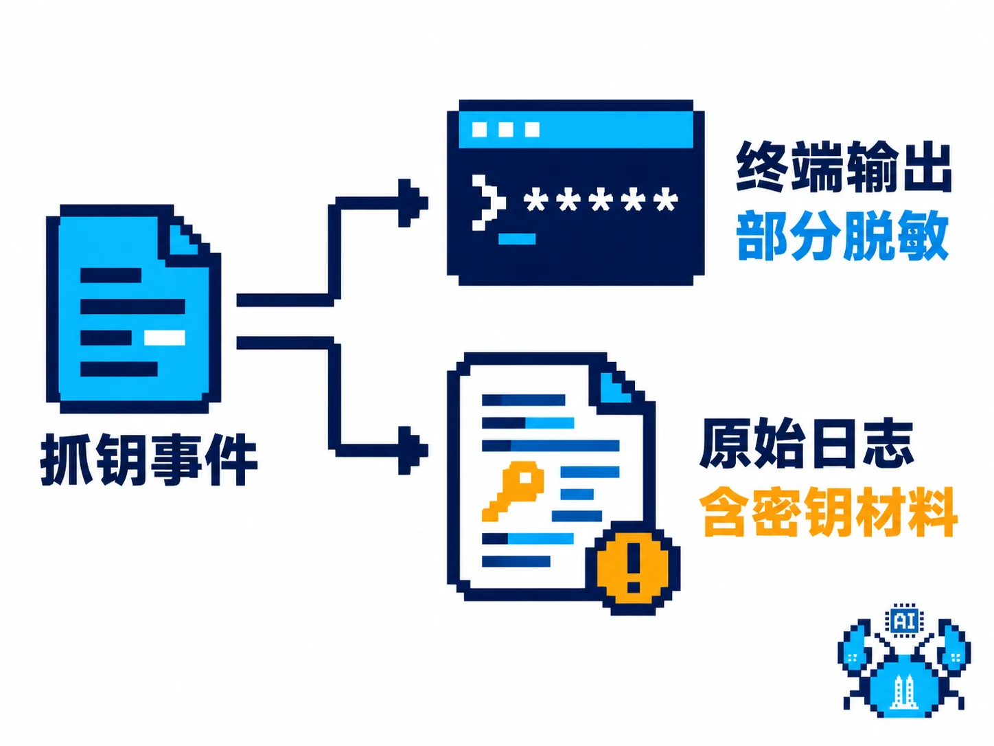 同一抓钥事件分流到部分脱敏的终端输出和含密钥材料的原始日志