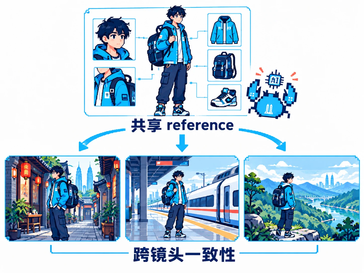 同一角色 reference 图被三个分镜共同引用,维持跨镜头外观
